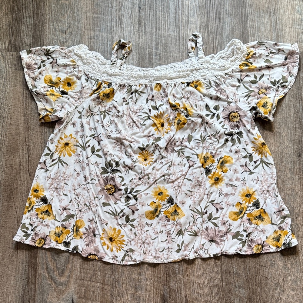 torrid White Floral Lace-Trim Off-Shoulder Blouse with Yellow Flowers
